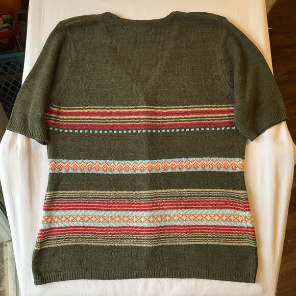 Isabella Rodriguez Women Sweater L Olive Short Sleeve Cardigan Striped Button - Picture 6 of 7